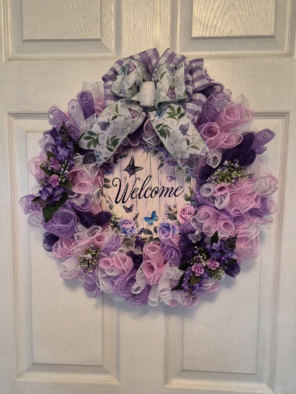 Welcome Wreath, Butterflies & Floral Door Wreath In Purples ,Pink & White